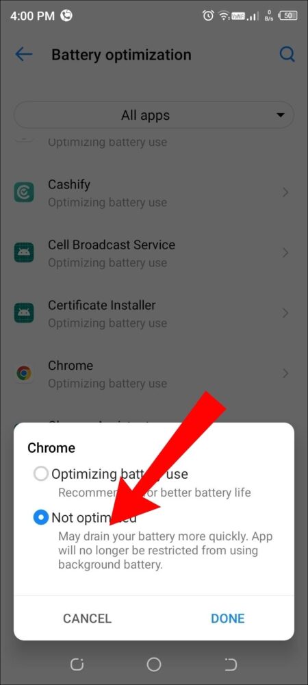 Disable Battery Optimization for Chrome